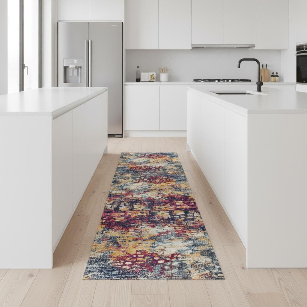 9 Yellow And Blue Abstract Runner Rug