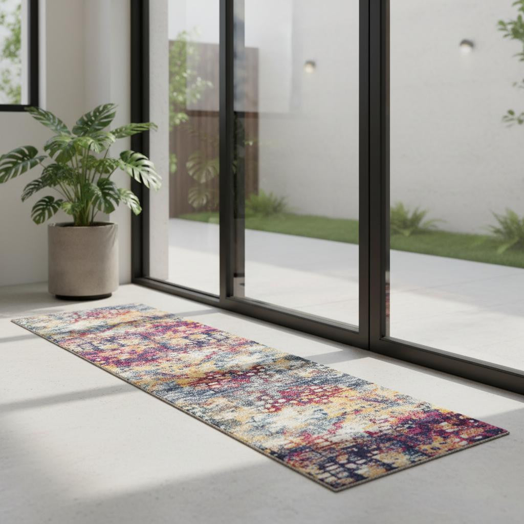 7 Yellow And Blue Abstract Runner Rug