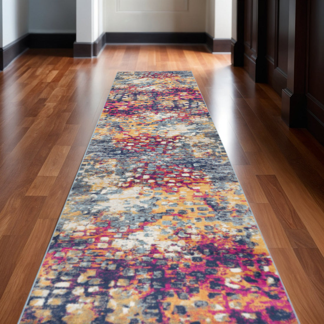 2 X 30 Yellow And Blue Abstract Area Rug
