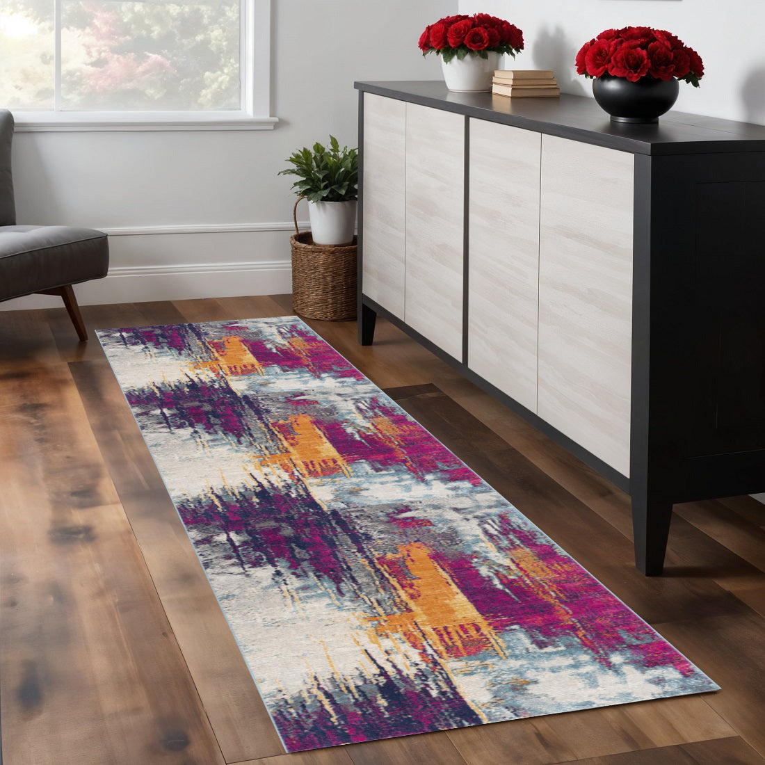 7 Purple Orange And Gray Abstract Runner Rug