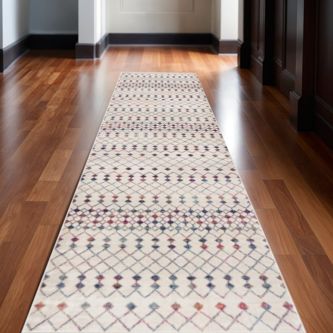 2 X 30 Beige And Blue Abstract Area Rug