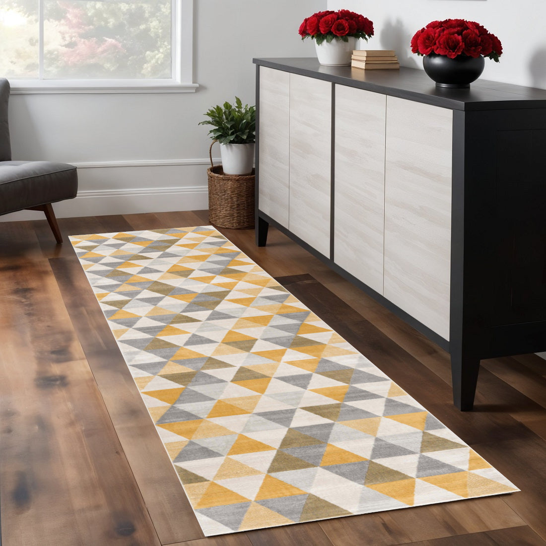 9 Yellow Beige And Gray Geometric Runner Rug