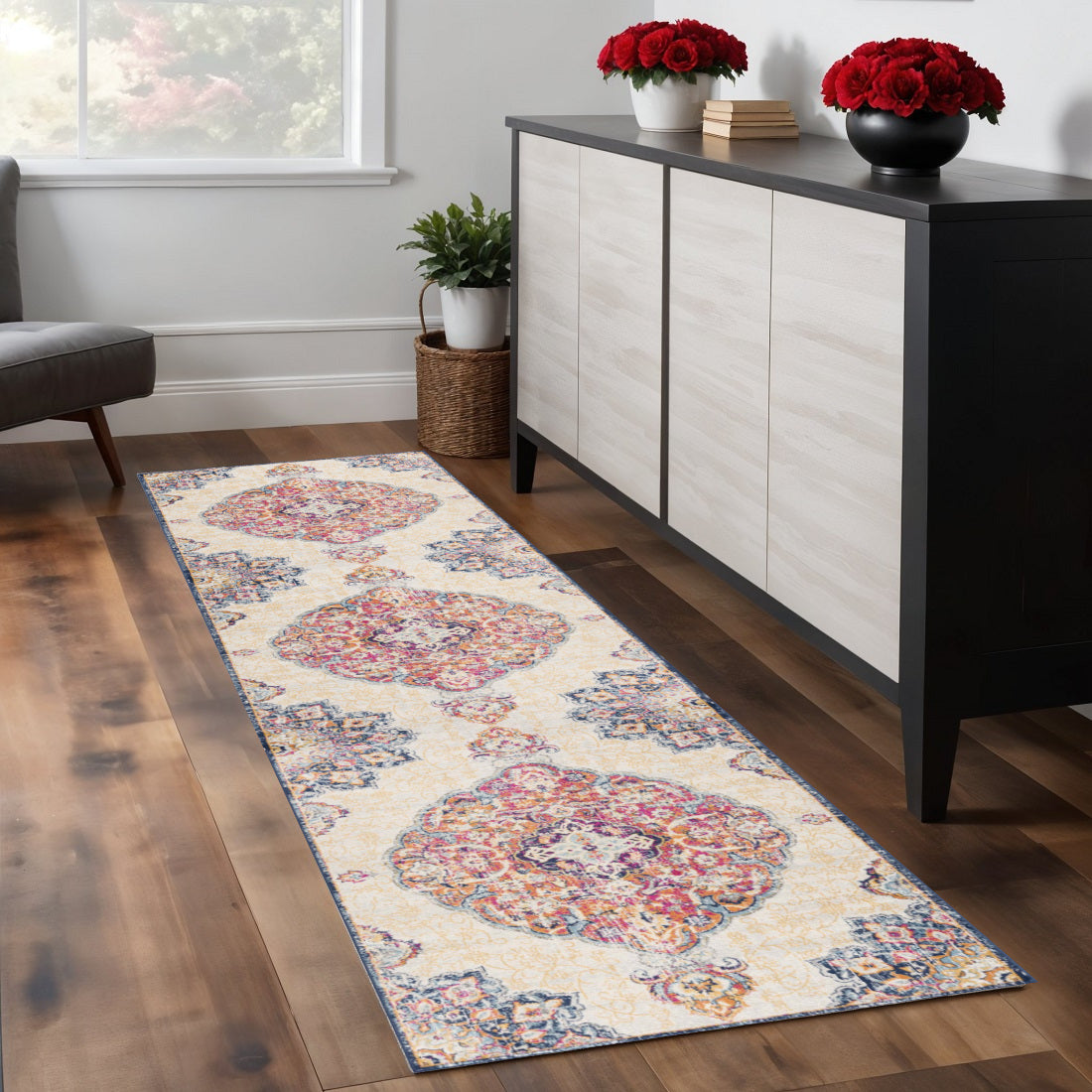 9 Beige Rust And Purple Medallion Runner Rug