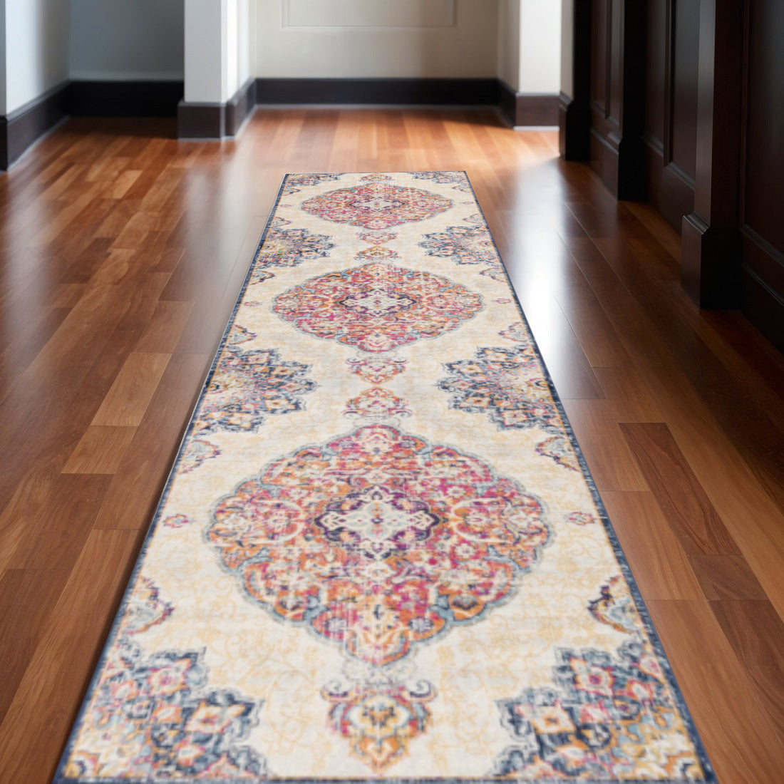 2 X 30 Beige Rust And Purple Medallion Area Rug