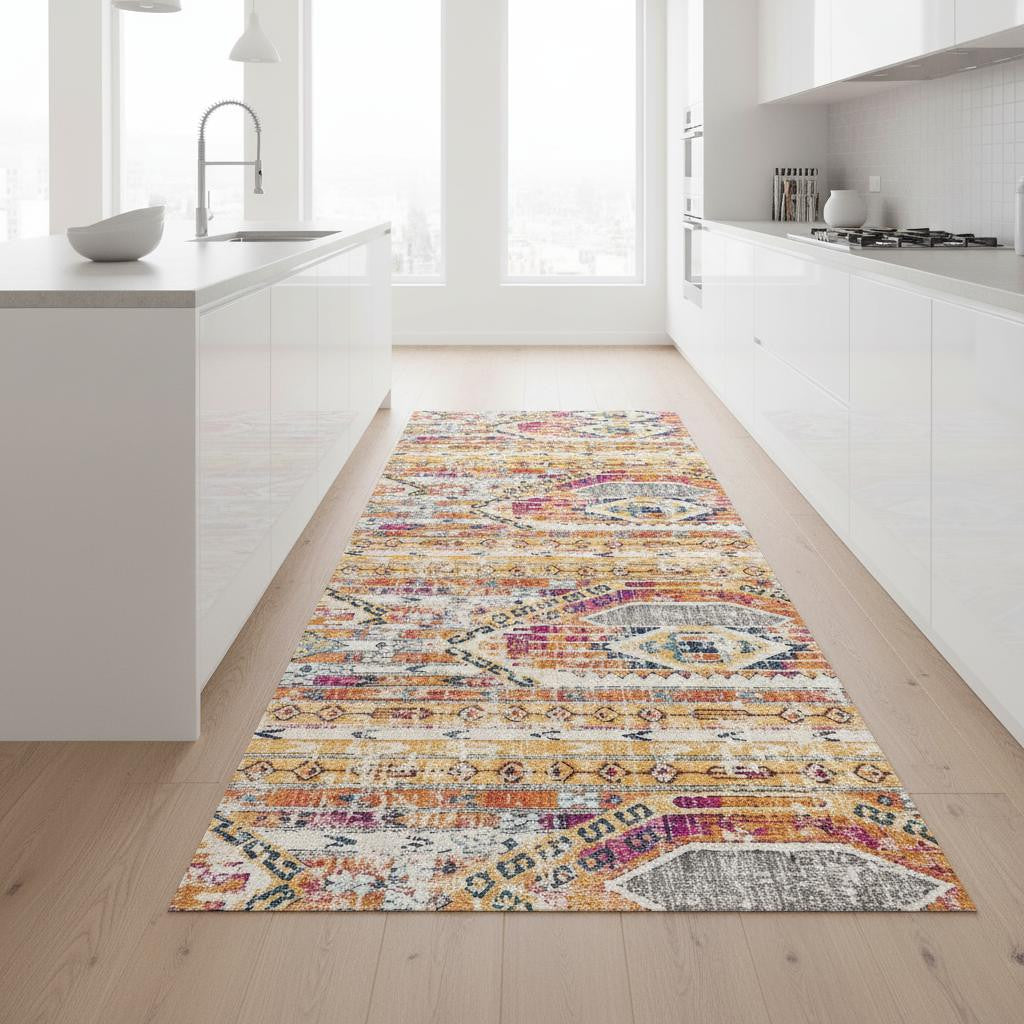9 Yellow And Beige Abstract Runner Rug