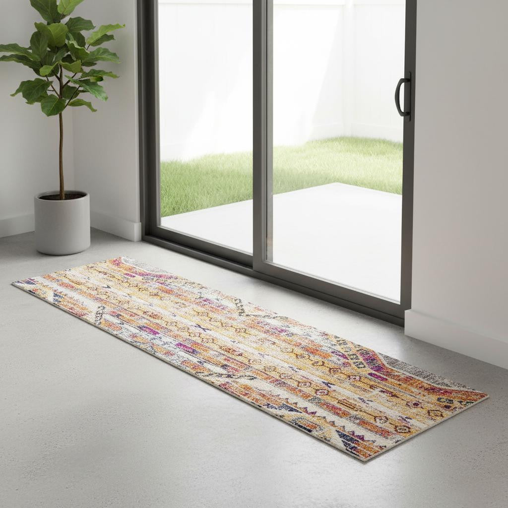 7 Yellow And Beige Abstract Runner Rug