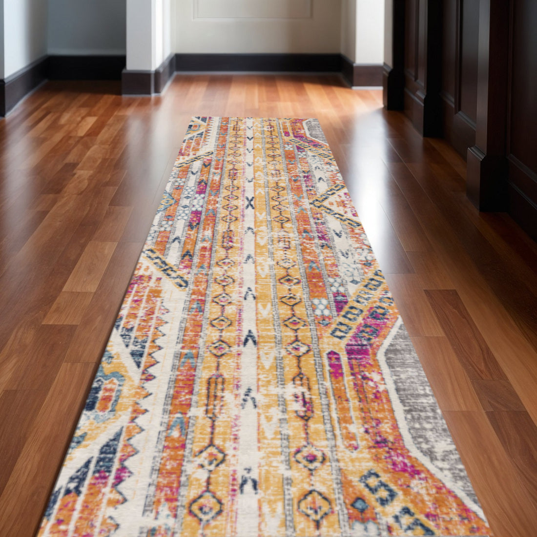 2 X 30 Yellow And Beige Abstract Area Rug