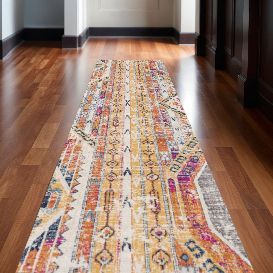 17 Runner Yellow And Beige Abstract Runner Rug