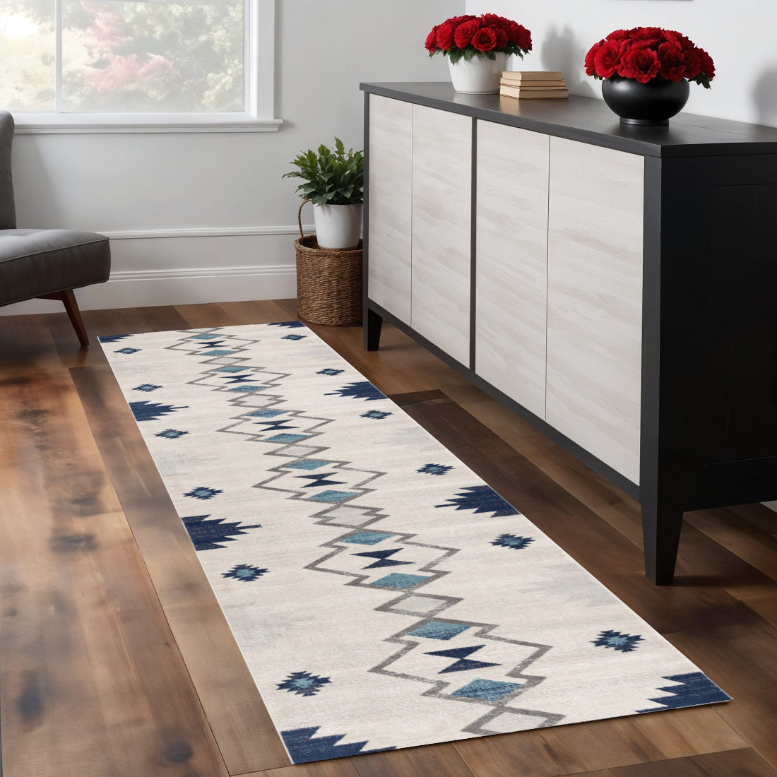 7 Blue Beige And Gray Southwestern Runner Rug