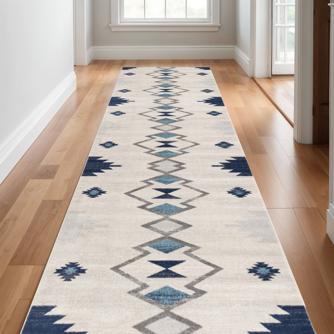 25 Runner Blue Beige And Gray Southwestern Runner Rug