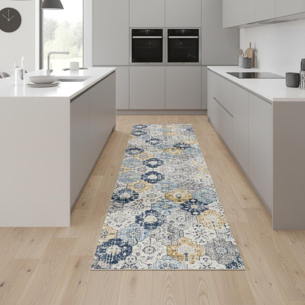 9 Blue Gray And Gold Floral Medallion Runner Rug
