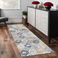 7 Blue Gray And Gold Floral Medallion Runner Rug