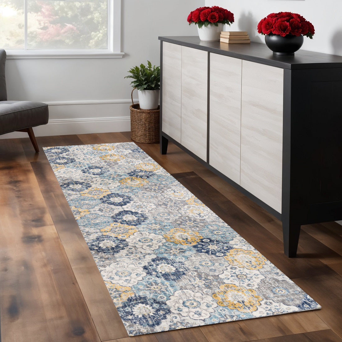 7 Blue Gray And Gold Floral Medallion Runner Rug