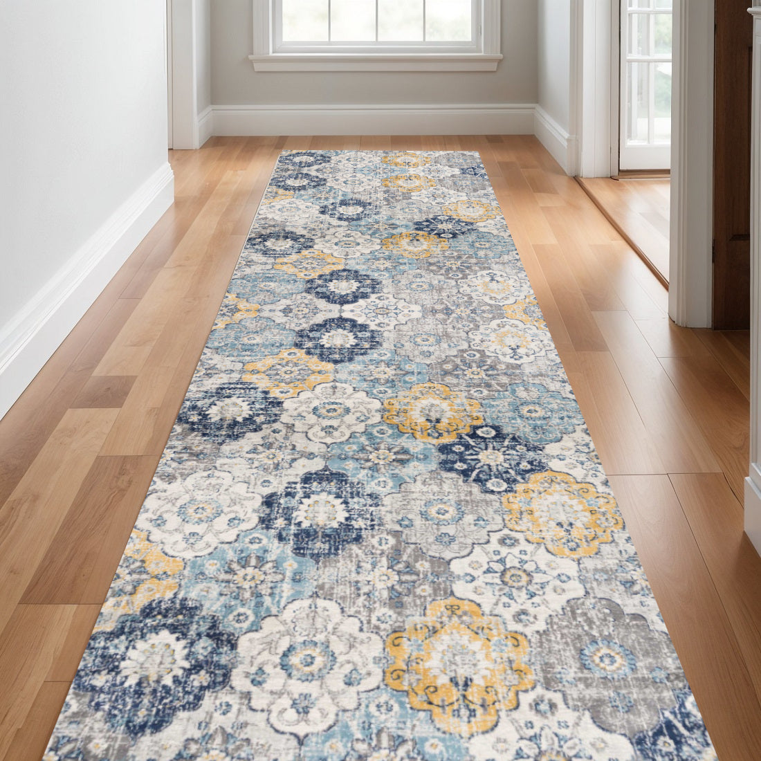 30 Runner Blue Gray And Gold Floral Medallion Area Rug