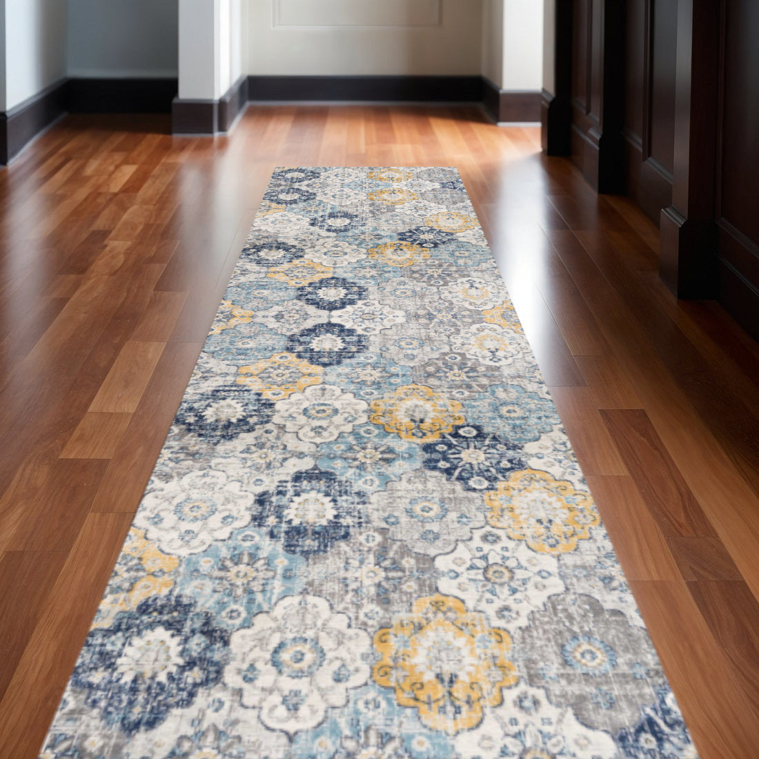 19 Runner Blue Gray And Gold Floral Medallion Runner Rug