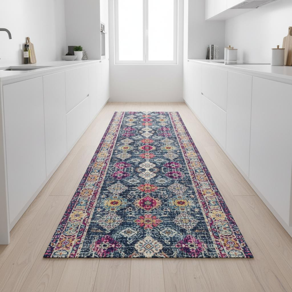 9 Blue And Beige Southwestern Runner Rug