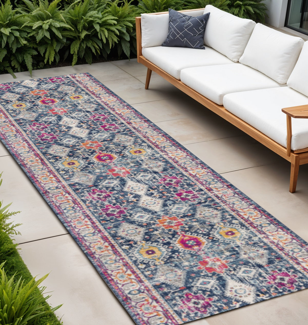 7 Blue And Beige Southwestern Runner Rug