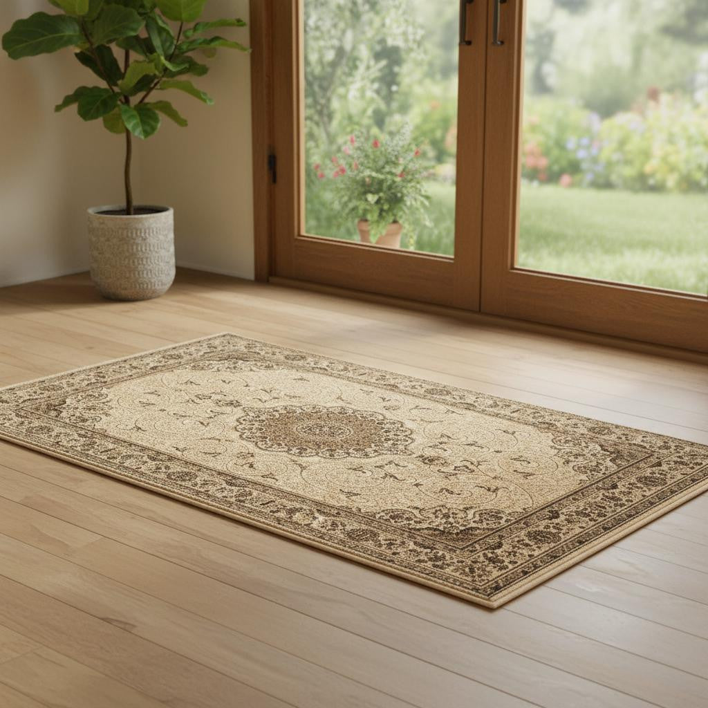 3 X 9 Beige And Cream Oriental Runner Rug