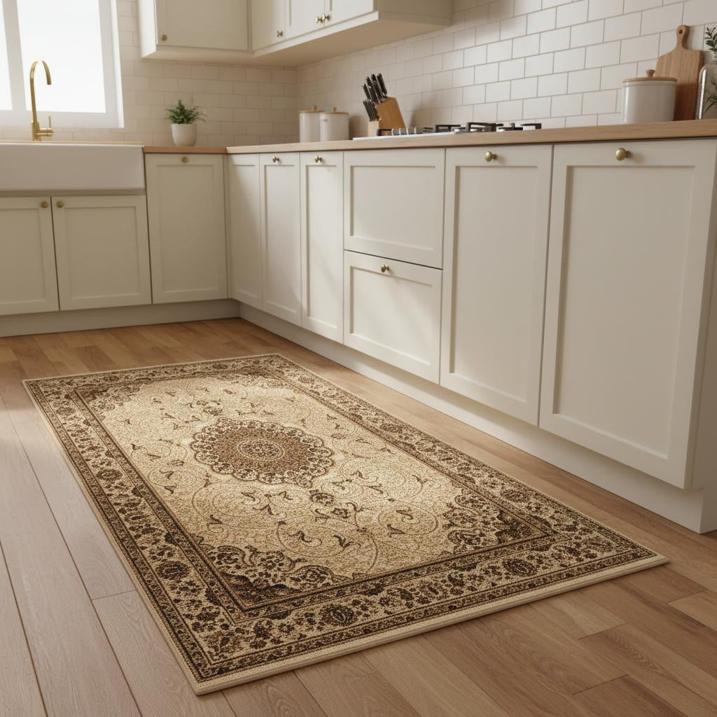 8 Beige And Cream Oriental Runner Rug