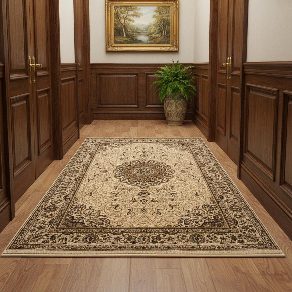 3 X 10 Beige And Cream Oriental Runner Rug