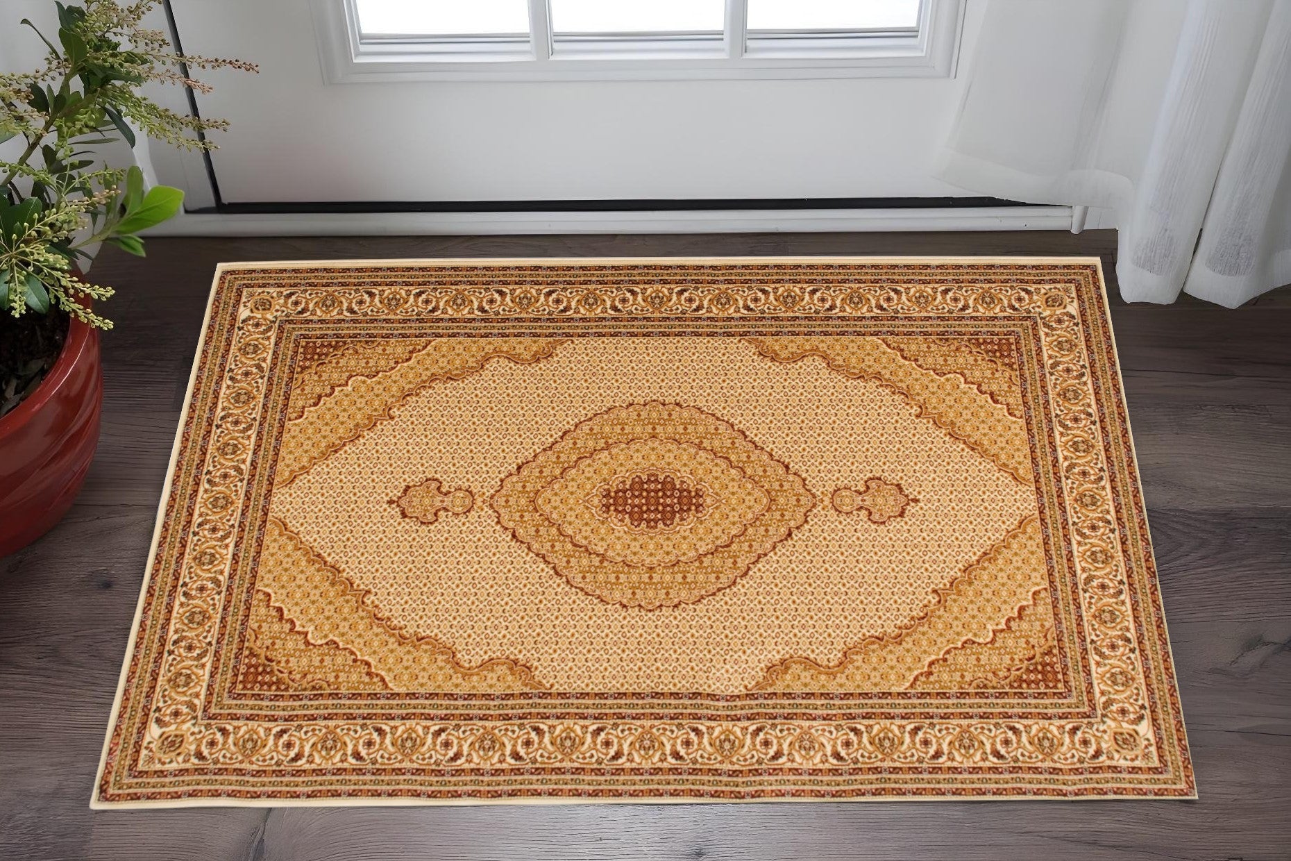 2 X 4 Tan Brown And Burgundy Oriental Area Rug