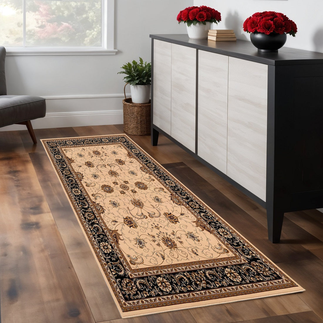 7 Black Tan And Brown Oriental Runner Rug