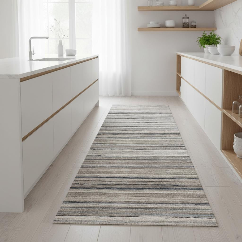 9 Blue Brown And Sand Striped Runner Rug