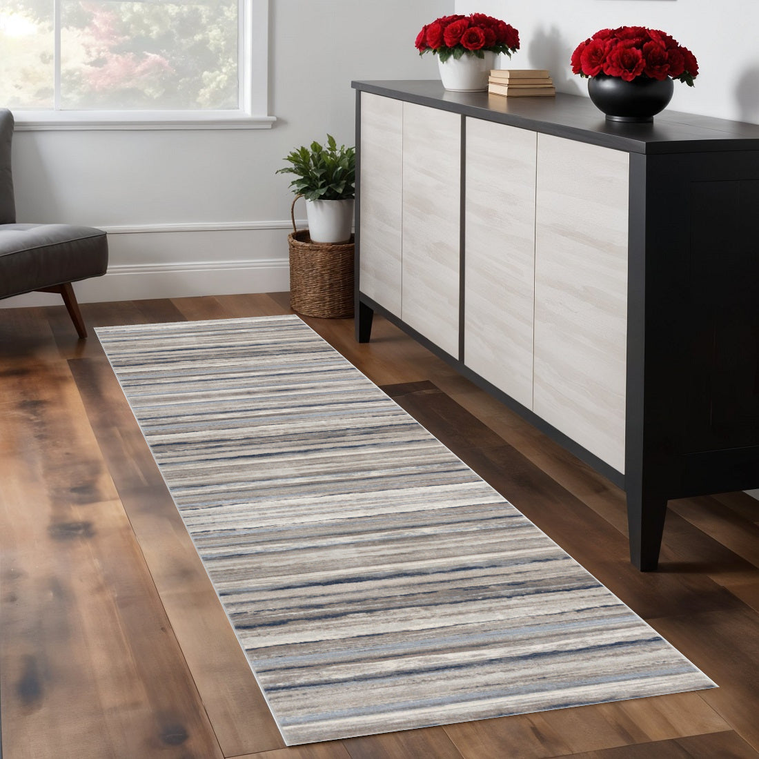 7 Blue Brown And Sand Striped Runner Rug