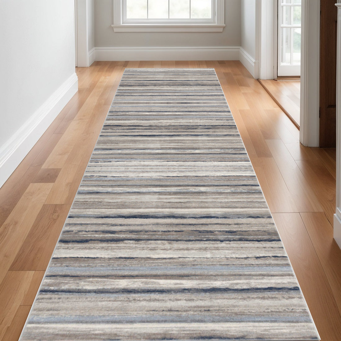 25 Runner Blue Brown And Sand Striped Runner Rug