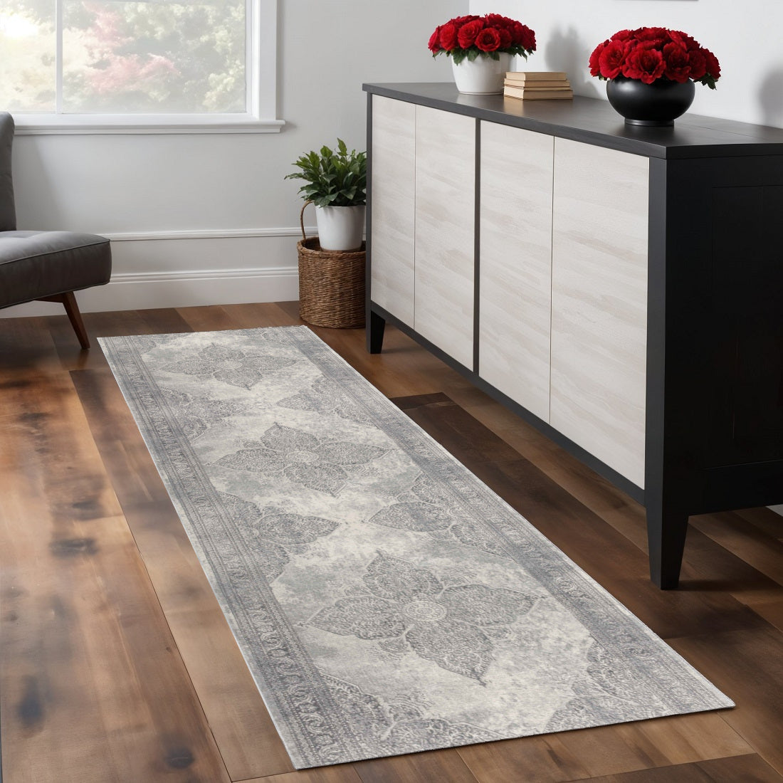 7 Gray And Beige Medallion Runner Rug