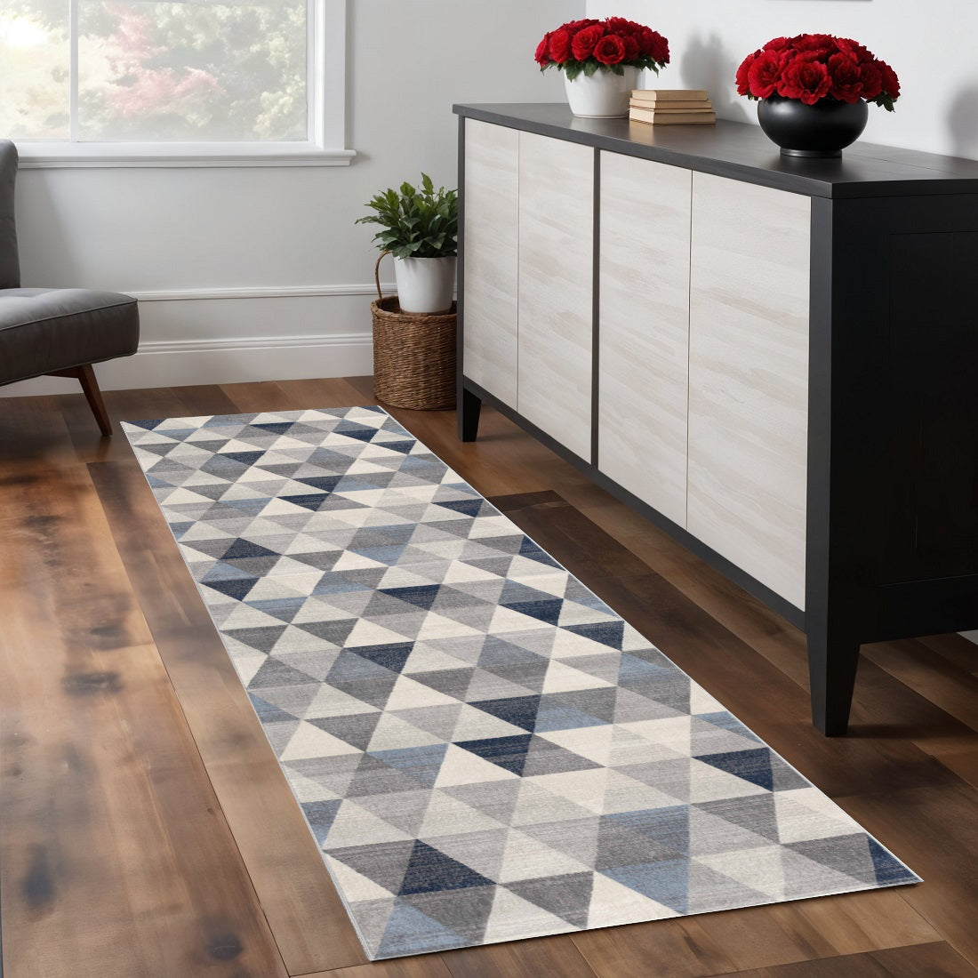 9 Blue Beige And Gray Geometric Runner Rug