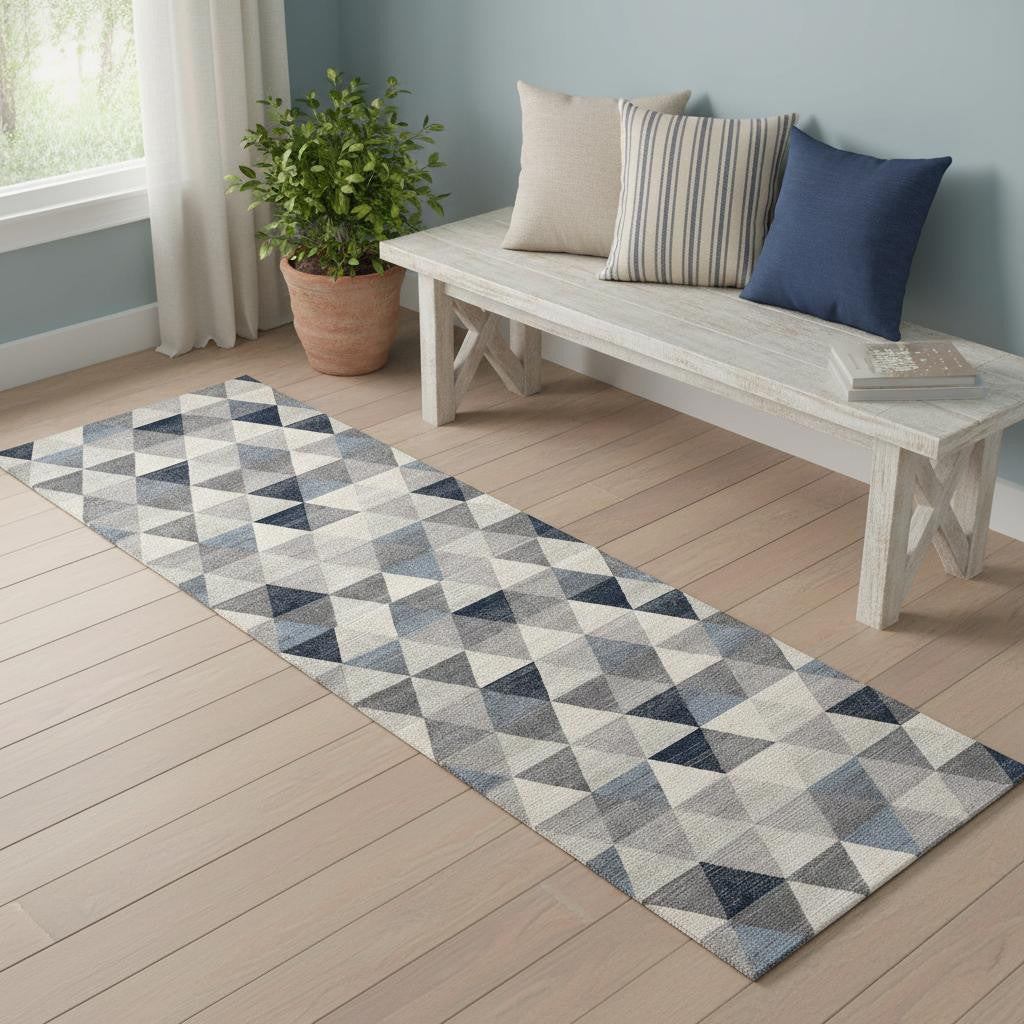 7 Blue Beige And Gray Geometric Runner Rug