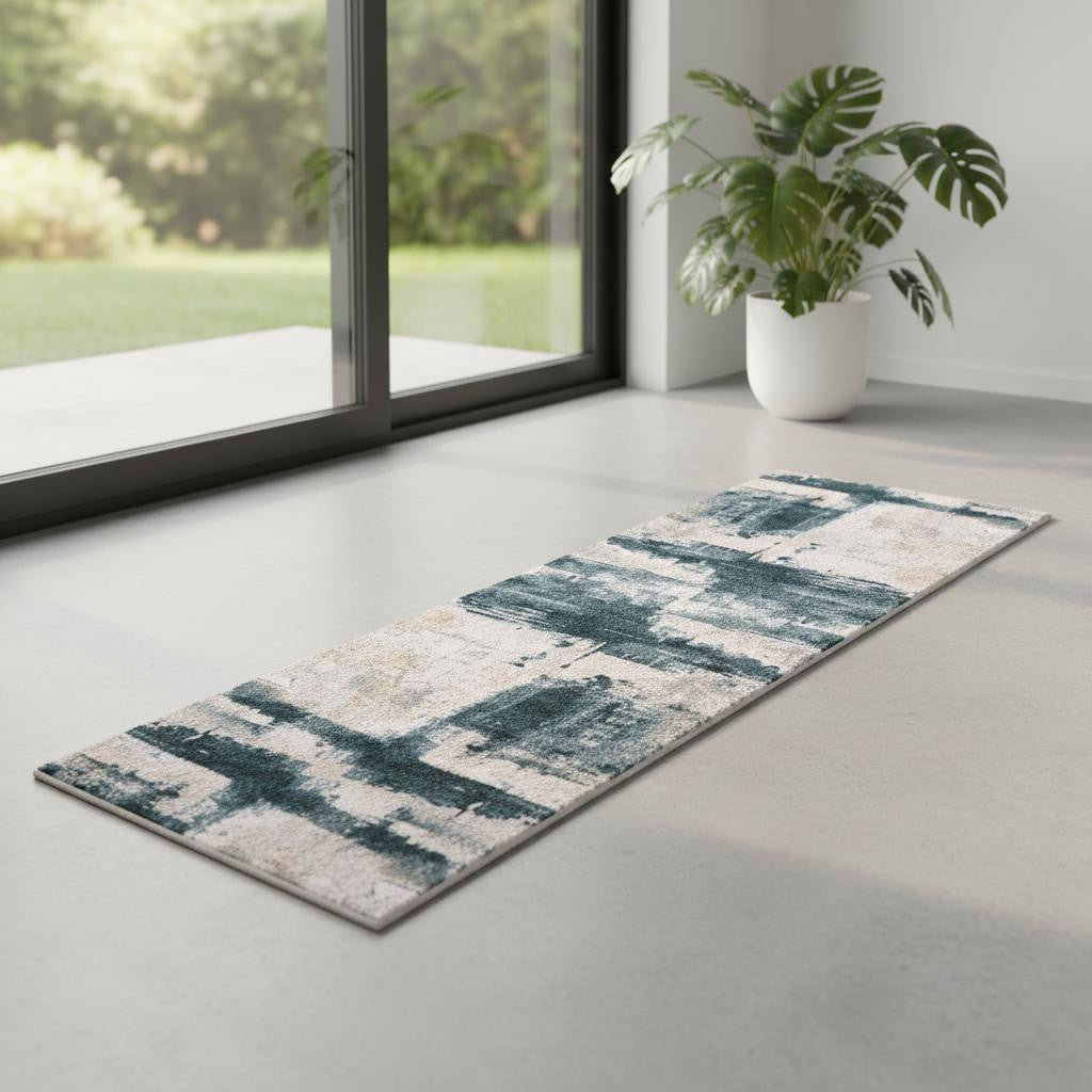 7 Blue And Beige Abstract Runner Rug
