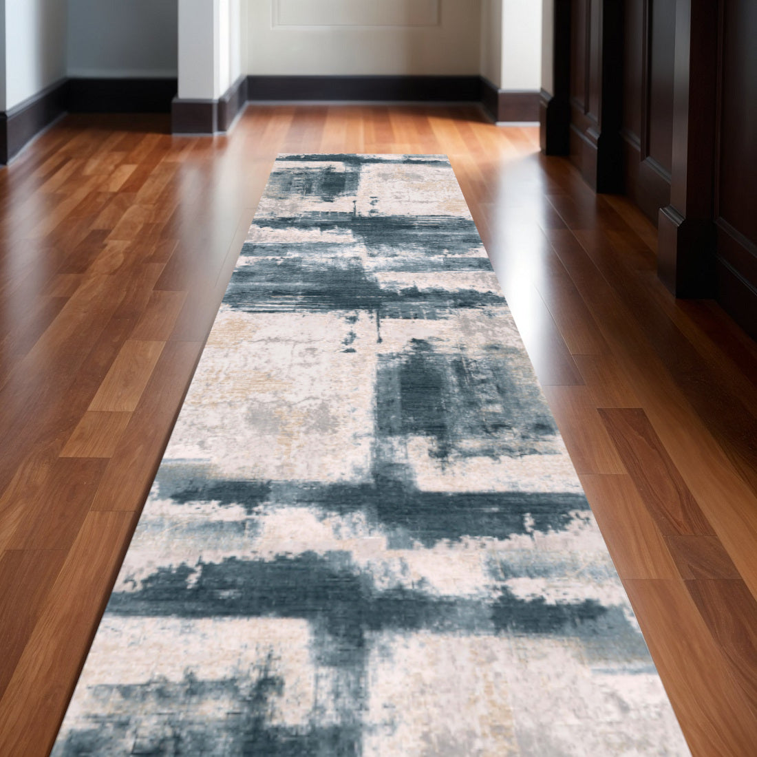 2 X 30 Blue And Beige Abstract Area Rug