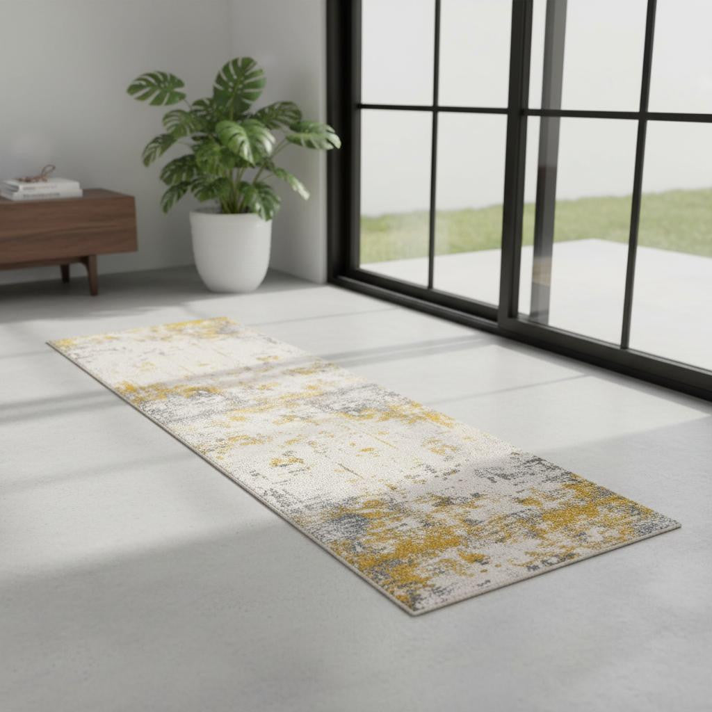 7 Gold And Gray Abstract Runner Rug