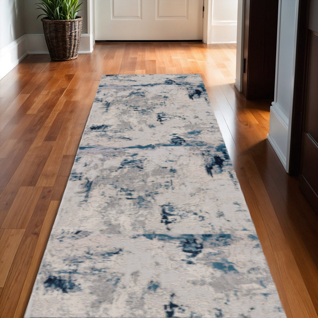 17 Runner Blue Beige And Gray Abstract Runner Rug