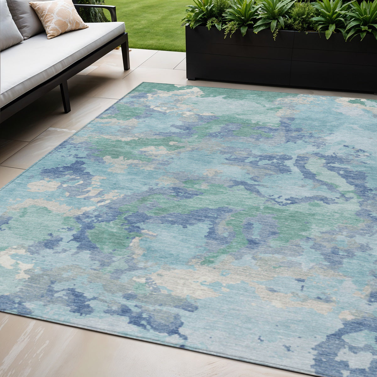 5 X 8 Blue And Teal Blue Abstract Washable Indoor Outdoor Area Rug