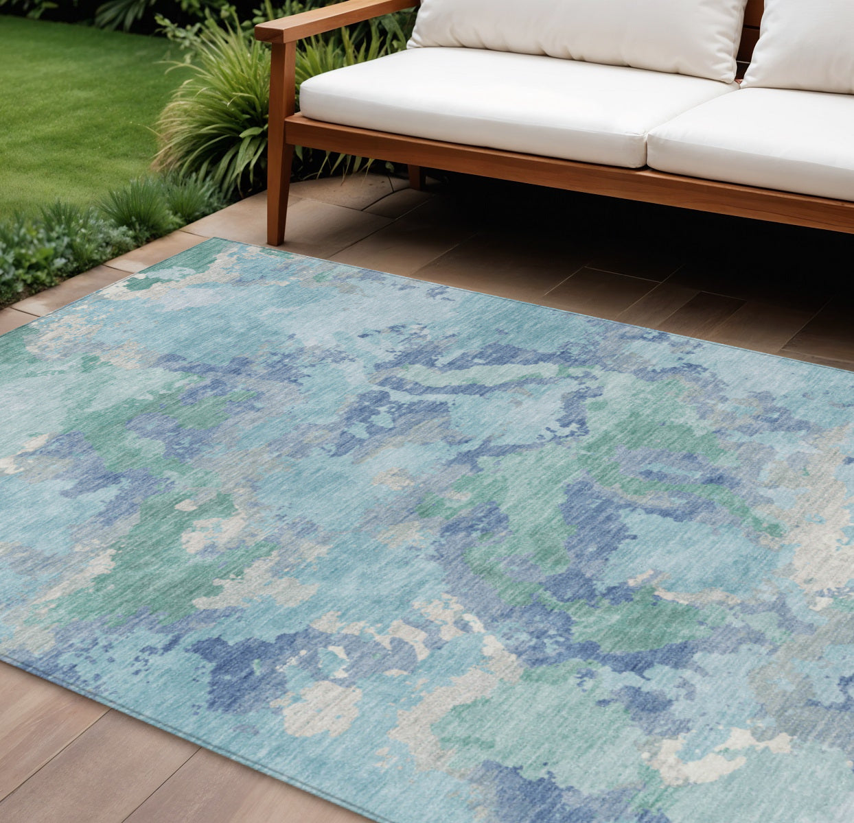 9 X 12 Blue And Teal Blue Abstract Washable Indoor Outdoor Area Rug