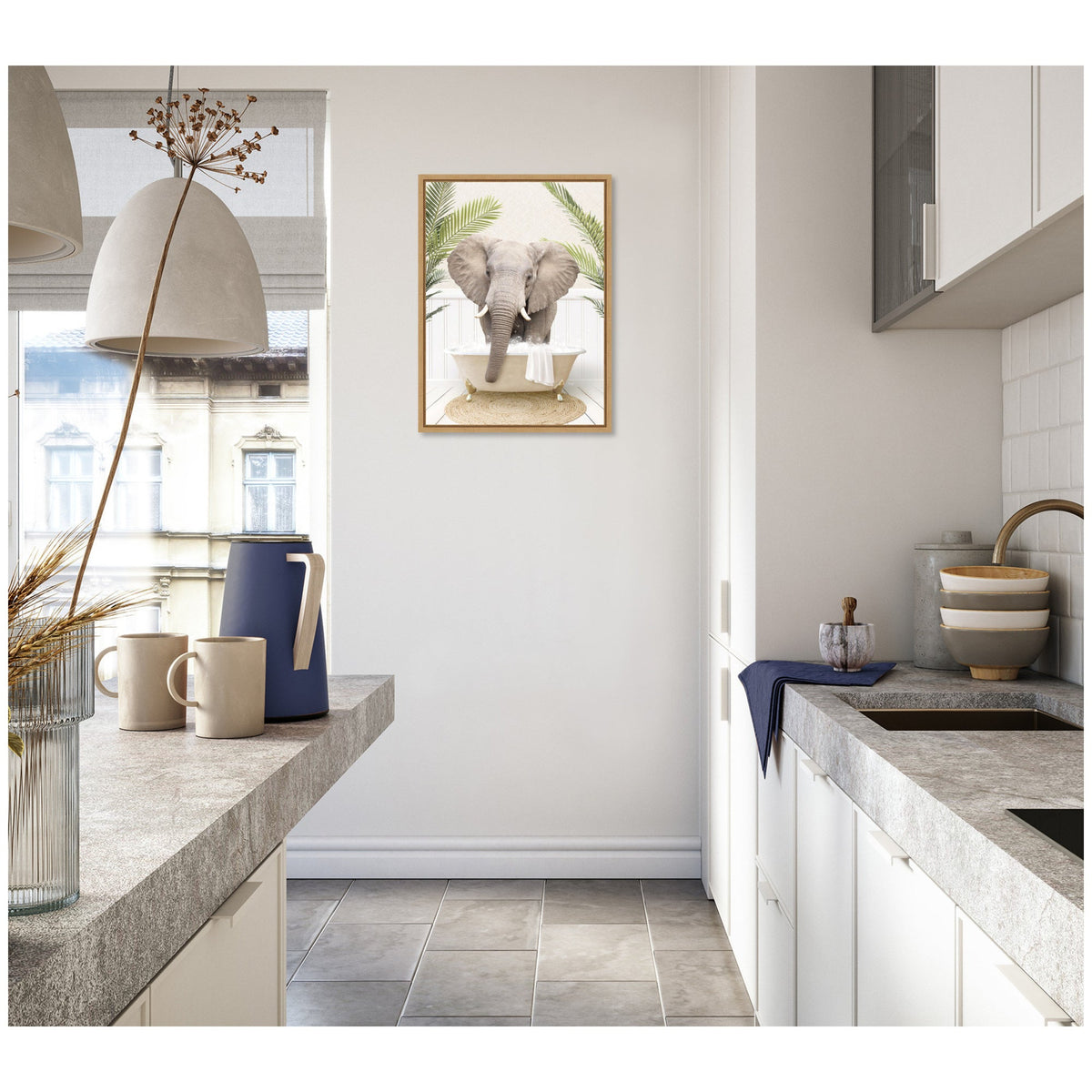 Sylvie Elephant Front Palm Bathtub Framed Canvas by Amy Peterson