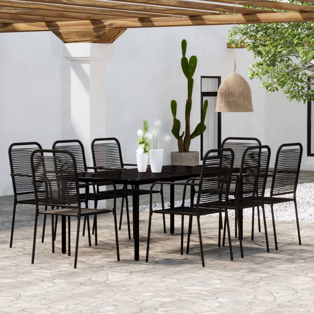 vidaXL Outdoor Dining Set - Elegant 9 Piece Patio Furniture - Black Steel Frame with Twined Cotton Rope Chairs and Glass Tabletop