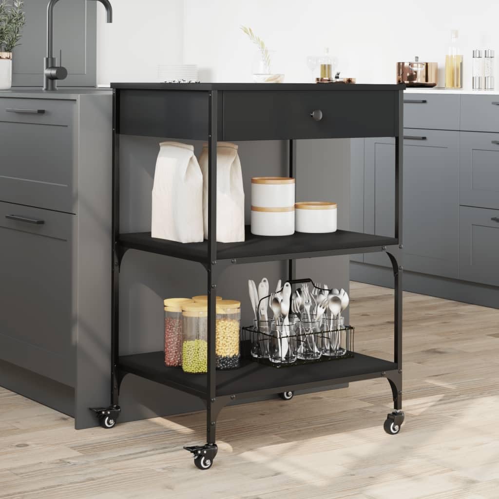 vidaXL Kitchen Trolley in Black - Engineered Wood with Steel Frame, Multiple Shelves and Lockable Wheels, Versatile Organizer for Home Storage 23.6x18.9x35.2