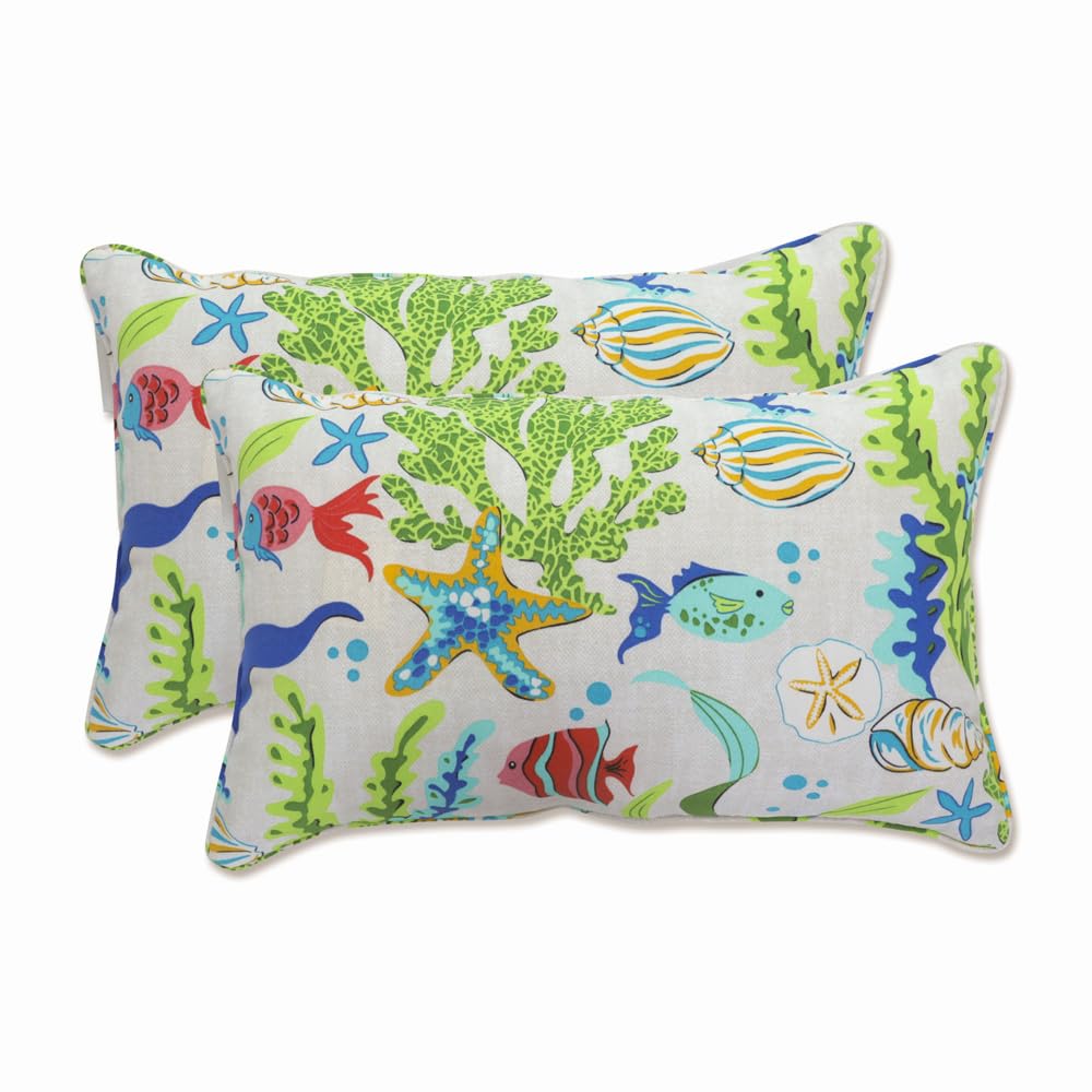 Pillow Perfect Outdoor/Indoor Pillows, Lumbar - 11.5' X 18.5', Blue Coral Bay 2 Count