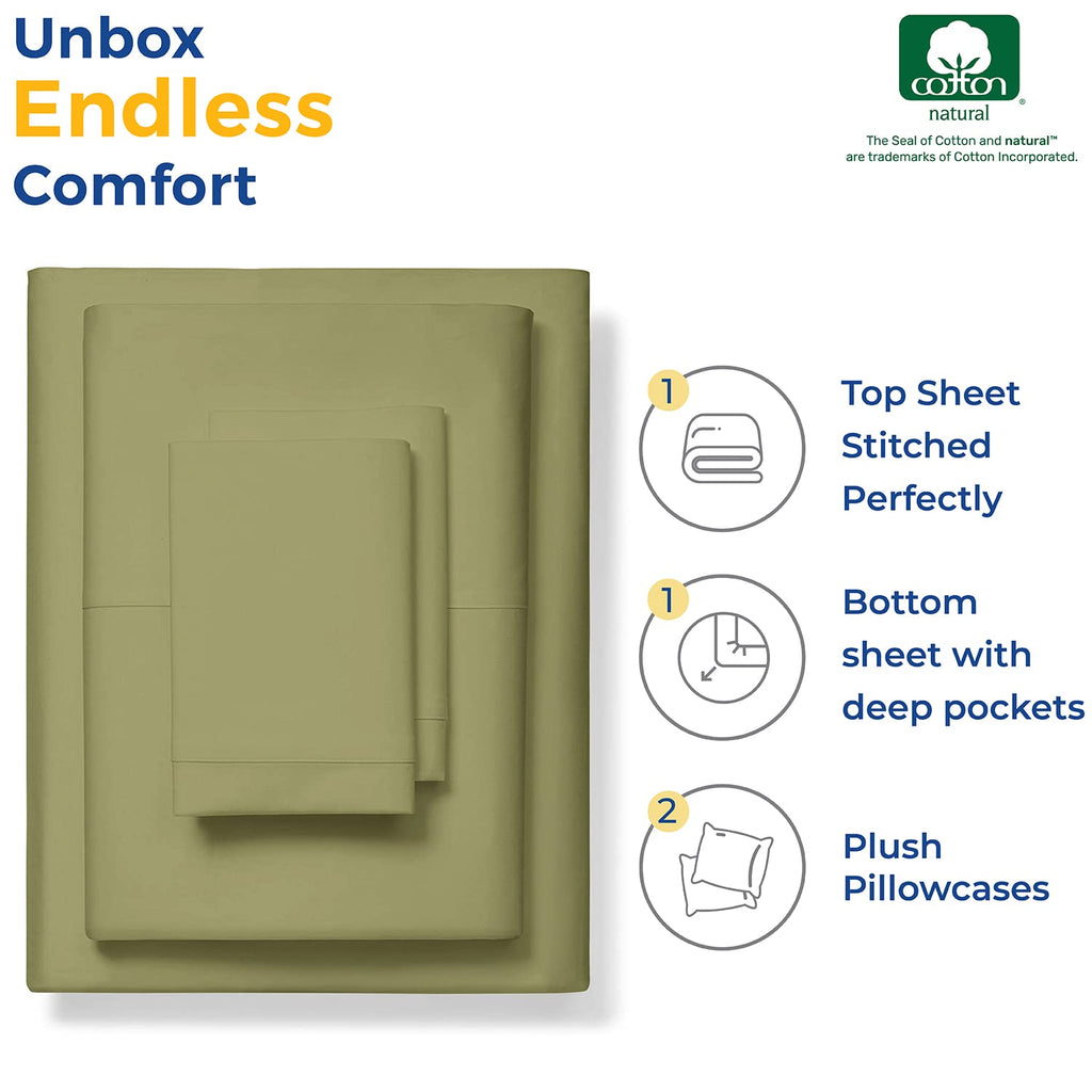 600 Thread Count Egyptian Quality 100% Cotton Sheets Set, Twin Xl Size Bedding Set In Sage Green