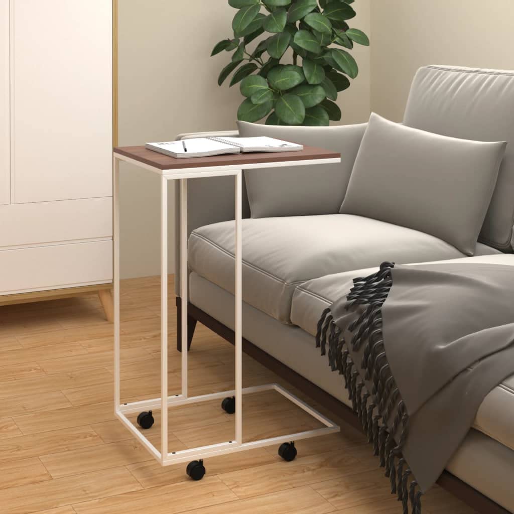 vidaXL Engineered Wood Side Table - Modern White C-Shaped Design with Wheels, Strong Iron Frame for Living Room, Bedroom, & Office Use