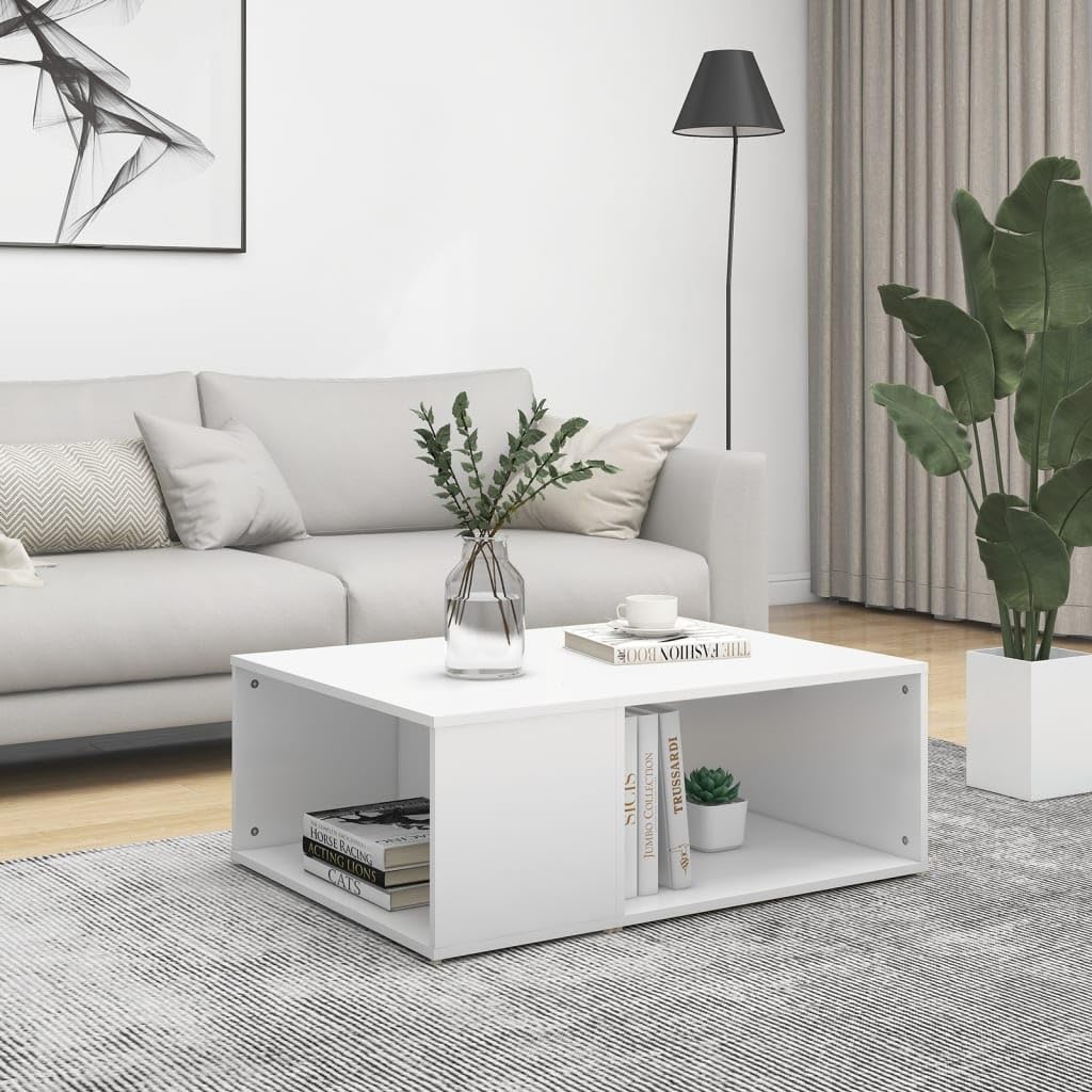vidaXL White Engineered Wood Coffee Table - Stylish Rectangular Side Sofa Table for Living Room, Bedroom with 2 Shelves, Easy to Assemble - 35.4"x26.4"x13"