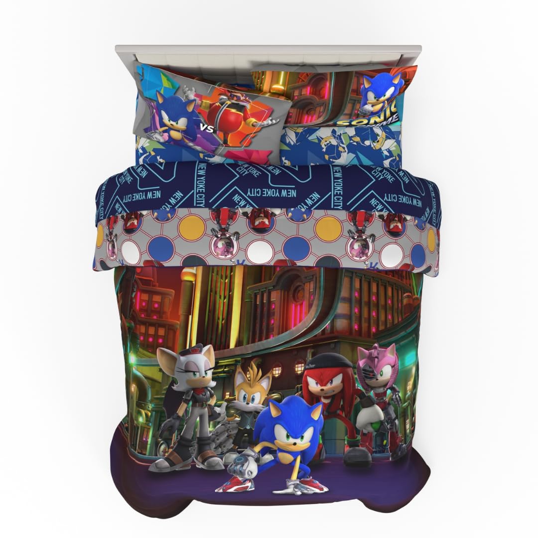 Franco Sonic The Hedgehog Prime Anime Kids Bedding Super Soft Comforter And Sheet Set, 5 Piece Full Size, (Officially Licensed P