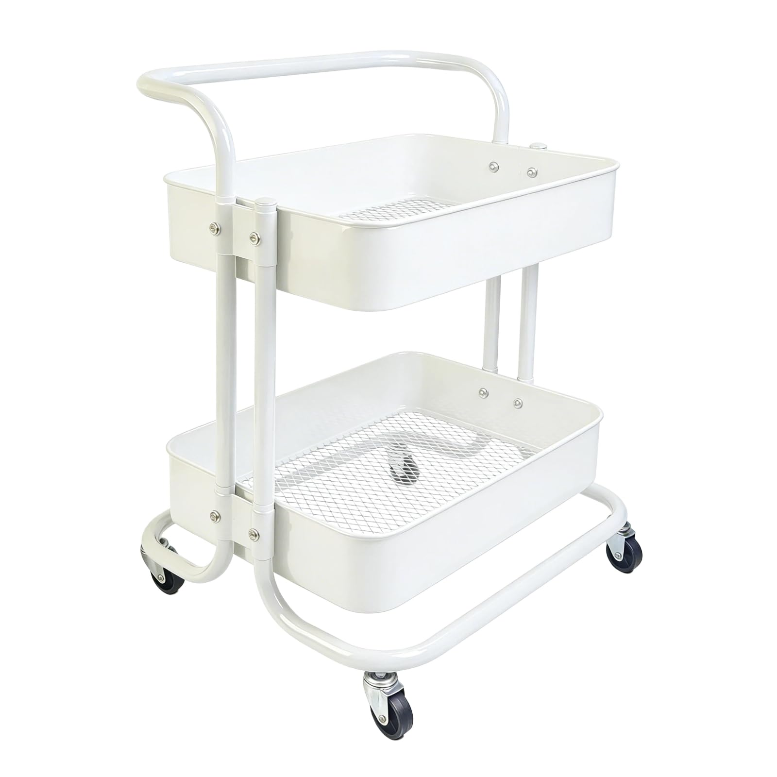 Ufriandz 2 Tier Cart with Wheels Under Desk Storage with Handle, Metal Rolling Pantry Cart for Kitchen White Small Rolling Baske