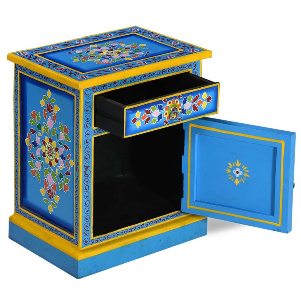 vidaXL Handmade Solid Mango Wood Bedside Cabinet with Hand-Painted Turquoise Details - Retro-Style Nightstand with Drawer and Cabinet
