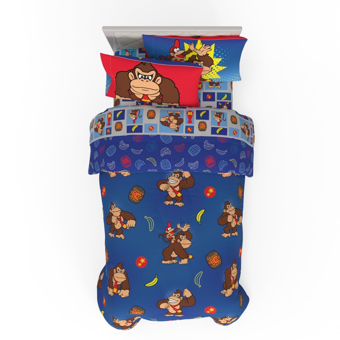 Franco Collectibles Nintendo Donkey Kong Gaming Bedding 5 Piece Super Soft Reversible Comforter And Sheet Set With Sham, Twin, (