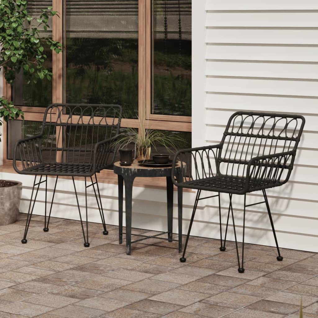 vidaXL Rattan Dining Chairs 2 Pcs - Black Patio Chairs with Armrest, Steel Frame PE Rattan, 22x25.2x31.5in - Garden, Balcony, and Patio Seating
